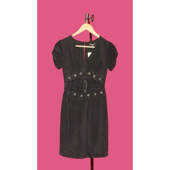 Y2k Vintage BETSEY JOHNSON NY New York Silk Black Short Sleeve Wiggle Dress w/ L - Picture 3 of 10